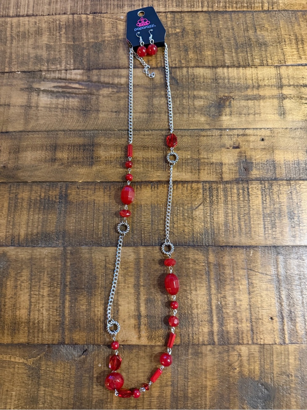 paparazzi Red Beaded Long Necklace with Matching Drop Earrings